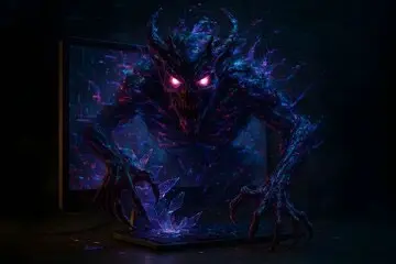 A monster coming out of a computer screen Description automatically generated