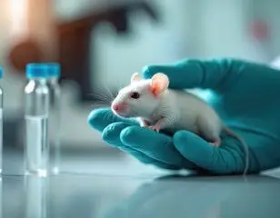 A hand in blue gloves holding a white mouse Description automatically generated