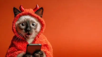 A cat wearing a devil garment holding a phone Description automatically generated