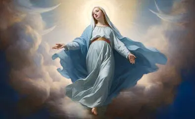 A painting of a person in the sky Description automatically generated