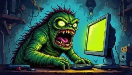 A green monster with sharp teeth working on a computer Description automatically generated