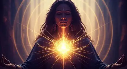 A person with her eyes closed and a glowing light Description automatically generated