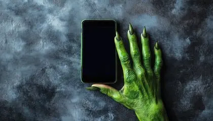 A green hand holding a phone Description automatically generated